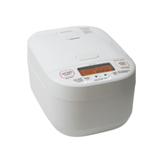White rice cooker with digital display on a white background