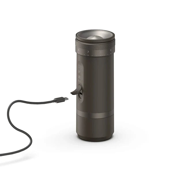 Outin Fino portable electric coffee grinder in tundra brown finish charging cable
