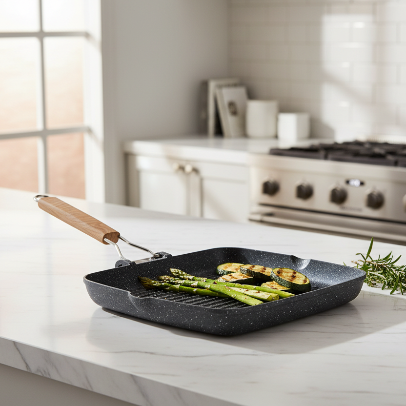 Tognana Great Stone Rectangular Grill Pan 24x34 cm – Non-Stick Aluminum Cookware with Folding Handle