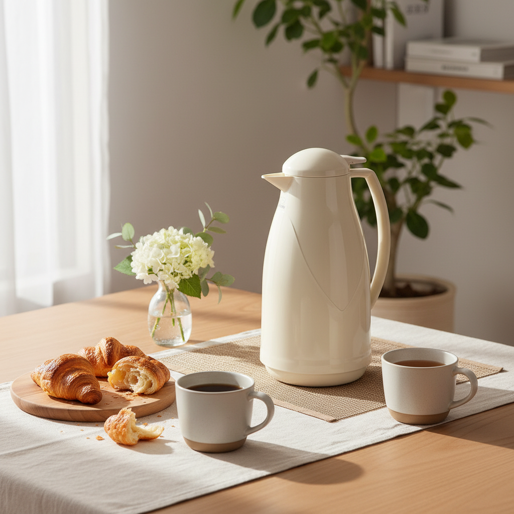 Beige thermos, two cups with coffee, a wooden board with pastries, and a vase with flowers on a table.
