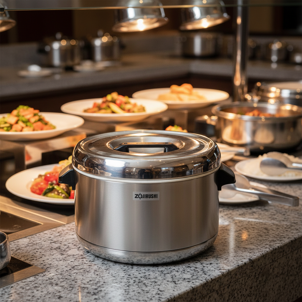 Zojirushi rice cooker on a kitchen counter with plates of food in the background