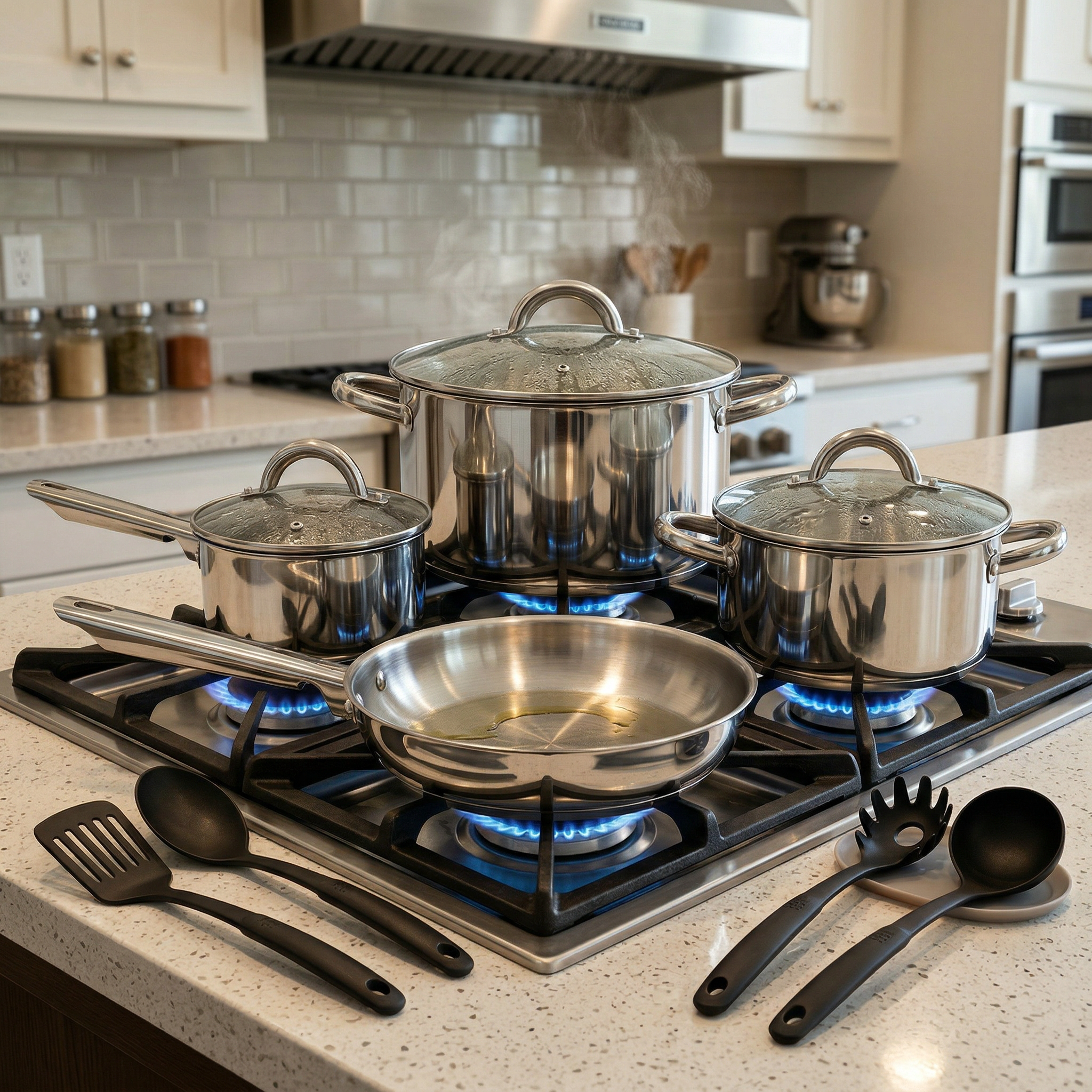 Rossetti Toscana 9-Piece Stainless Steel Cookware Set with Nylon Tools – Induction Ready, Mirror Polish Pots & Pans (Model 1386)