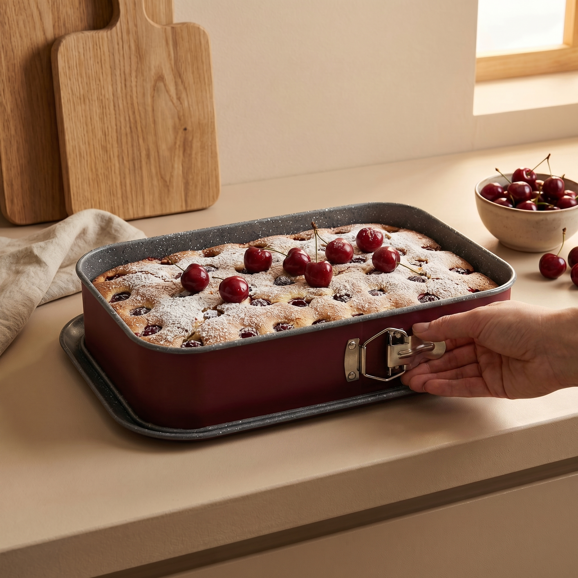 Detachable side latch on Tognana rectangular springform cake pan