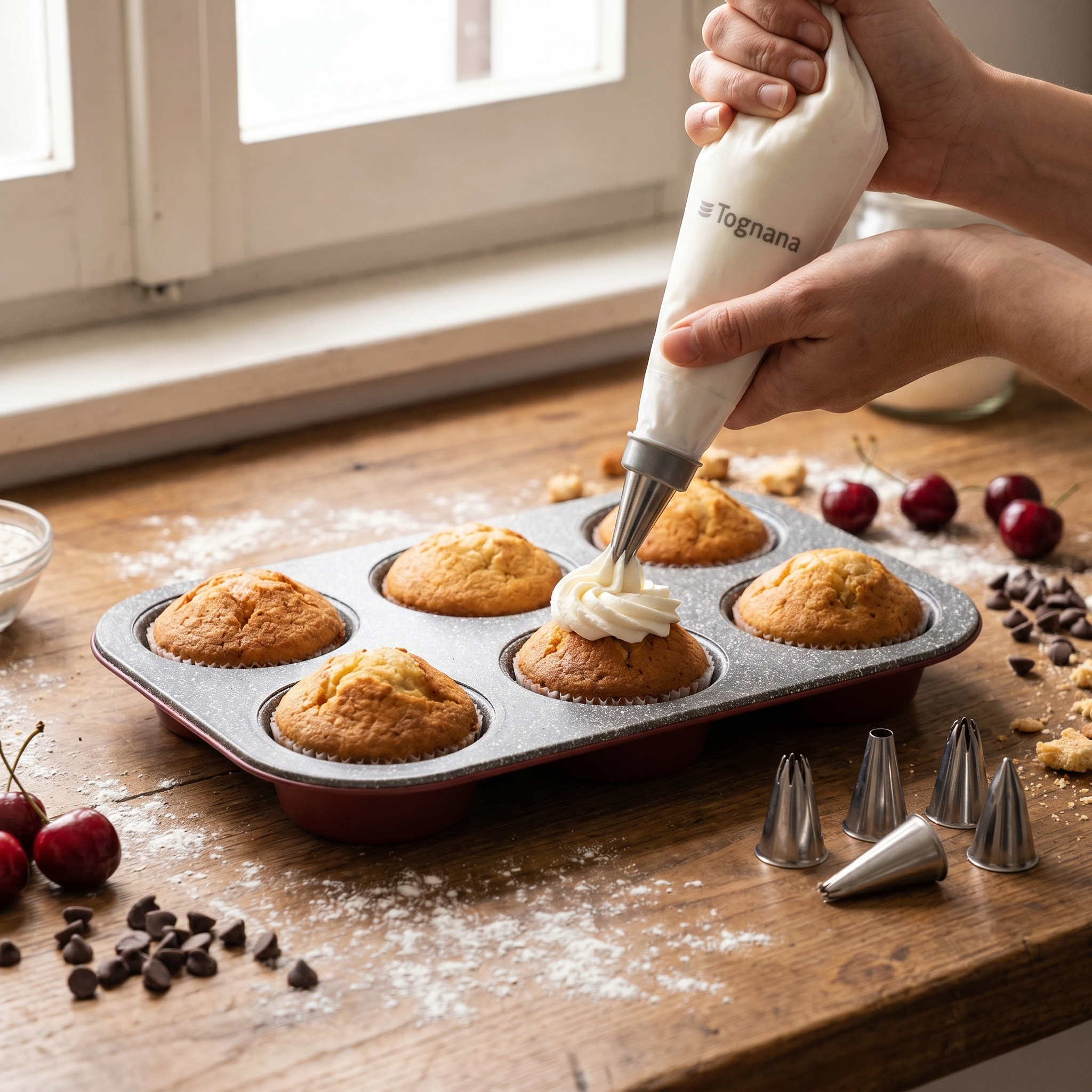 Tognana Muffin Set | 6-Cup Pan + Piping Bag & Nozzles | Sweet Cherry