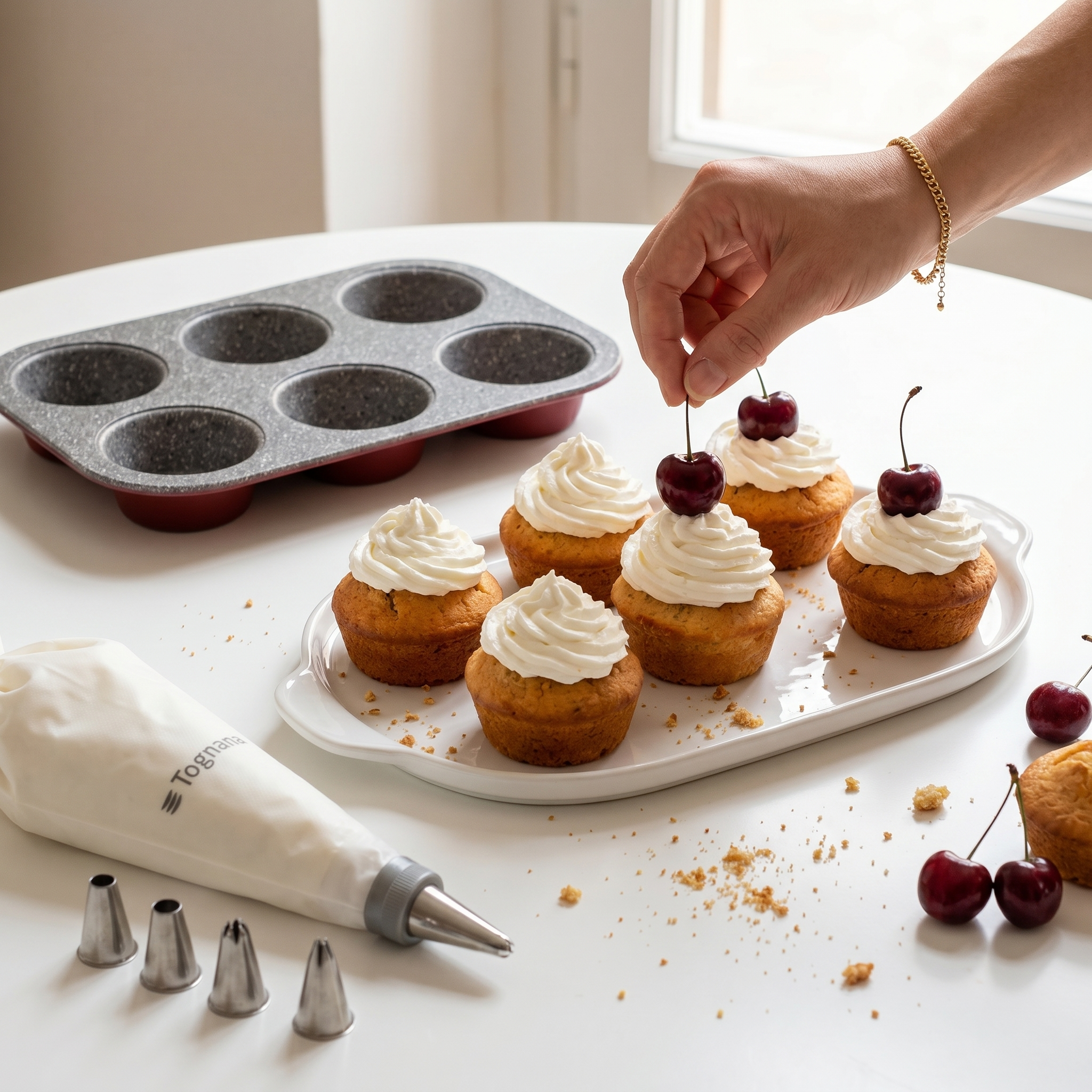 Tognana Muffin Set | 6-Cup Pan + Piping Bag & Nozzles | Sweet Cherry
