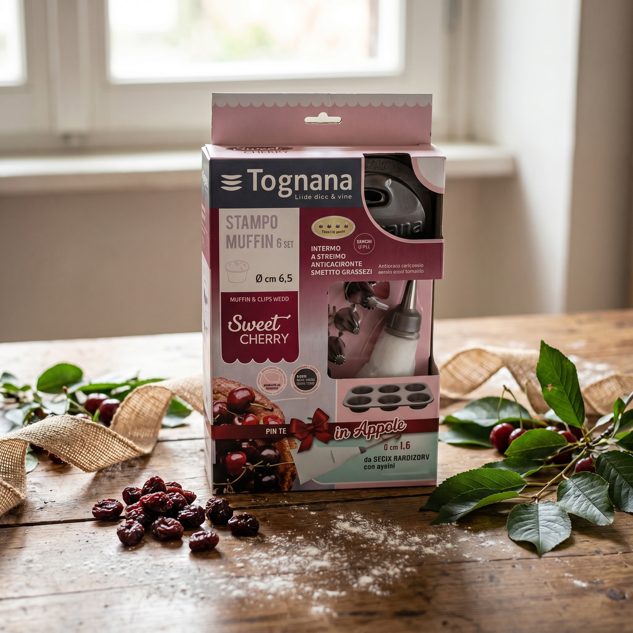 Tognana Muffin Set | 6-Cup Pan + Piping Bag & Nozzles | Sweet Cherry