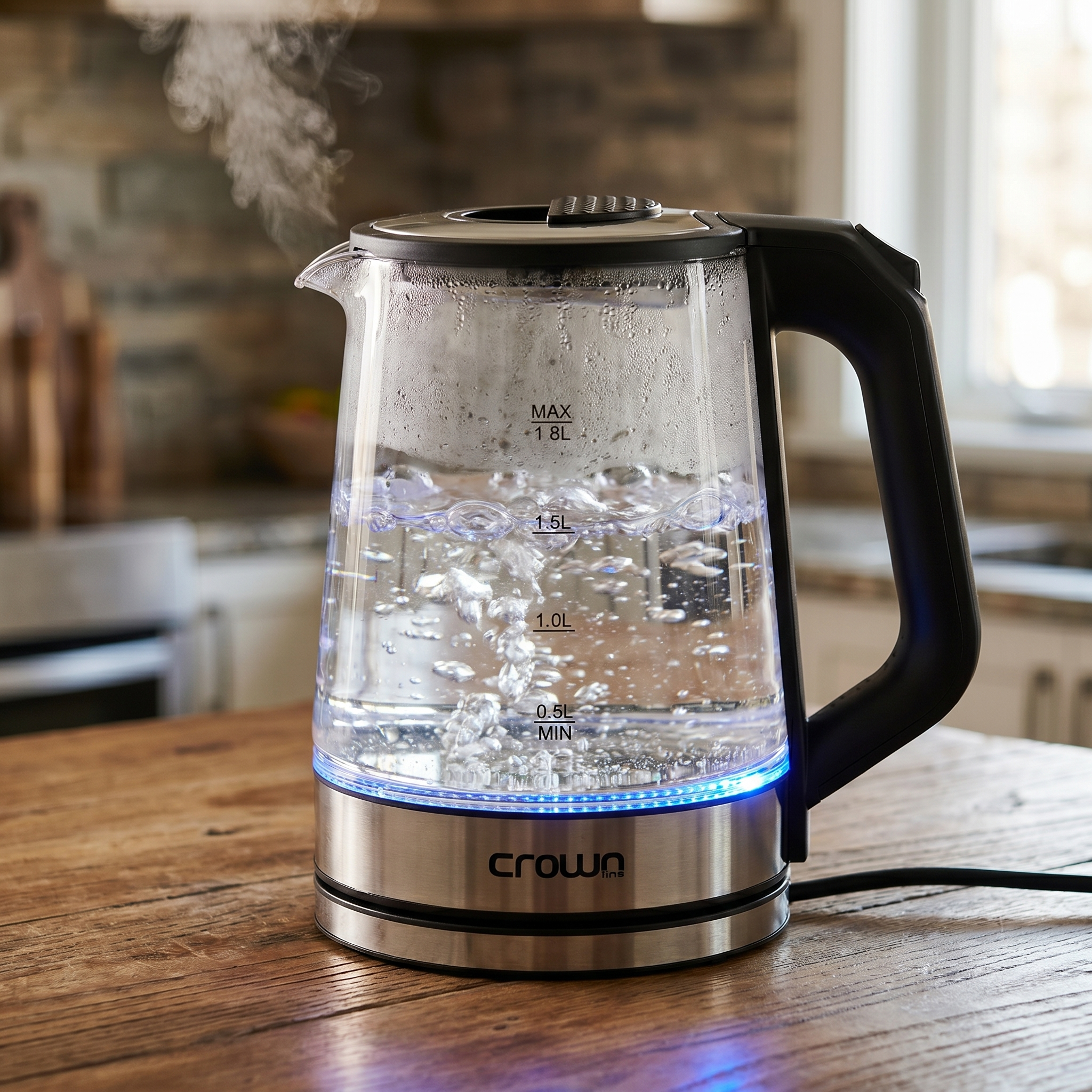 The Crownline KT-414 kettle glowing blue while boiling water in a modern kitchen.