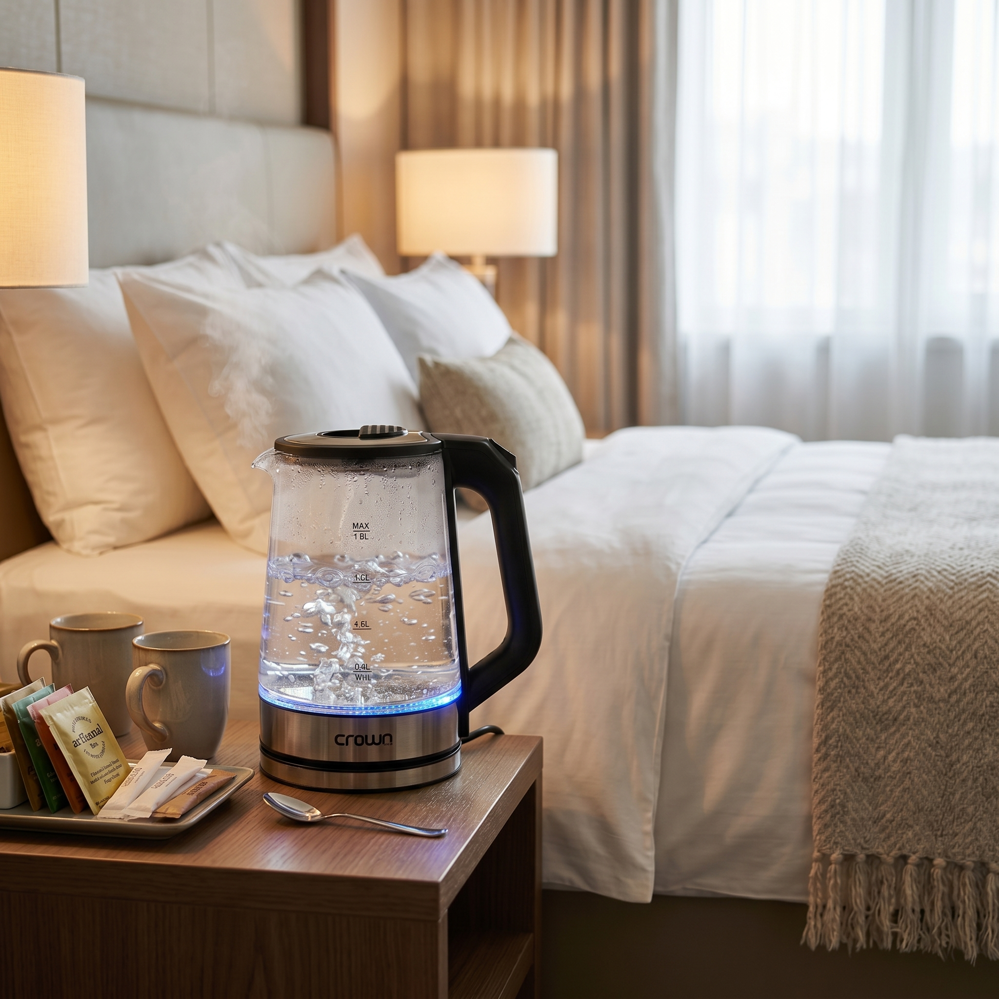 The Crownline KT-414 kettle glowing blue while boiling water in a hotel room. -cookette