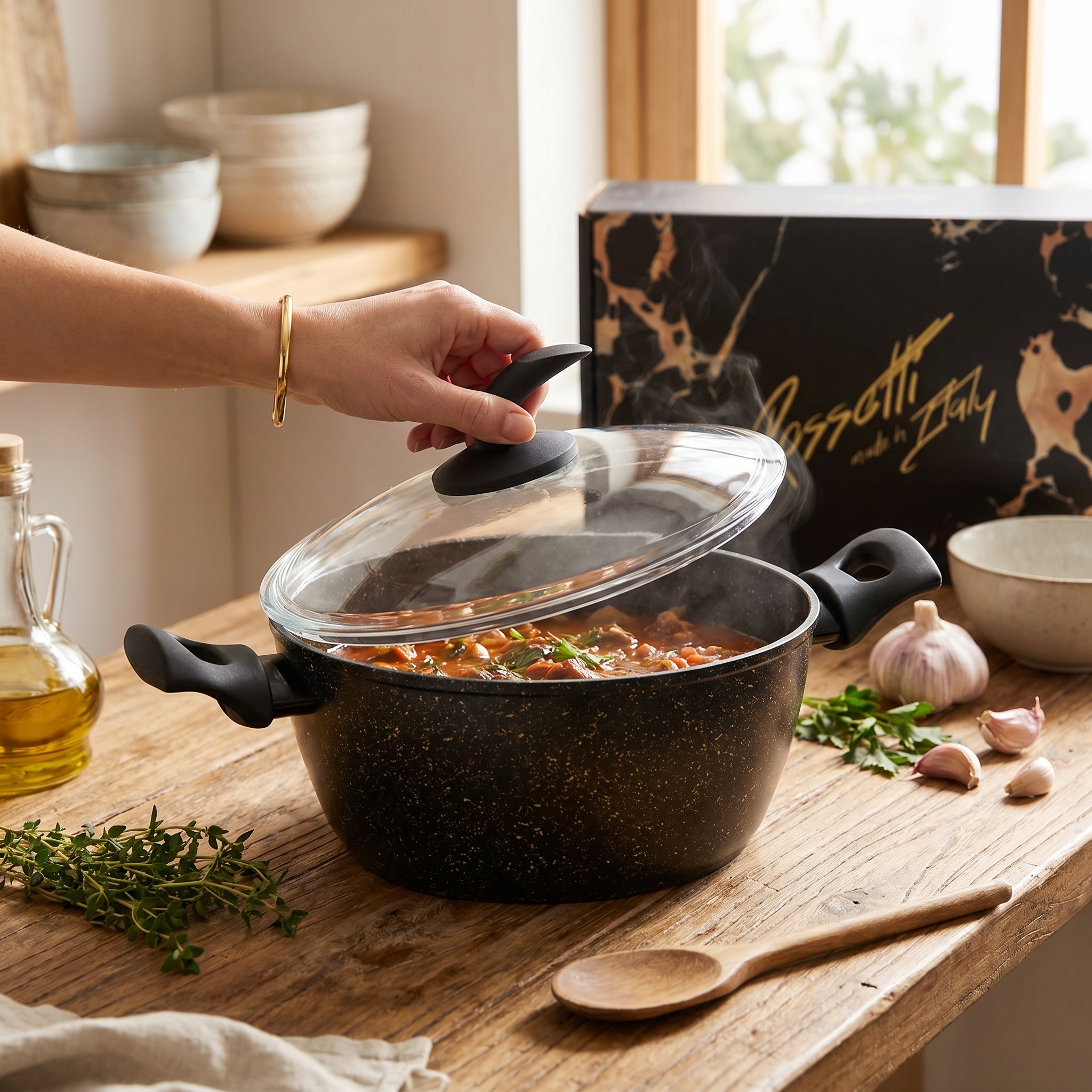 Rossetti Black and Gold Casserole with Pyrex Lid - 20cm / 24cm