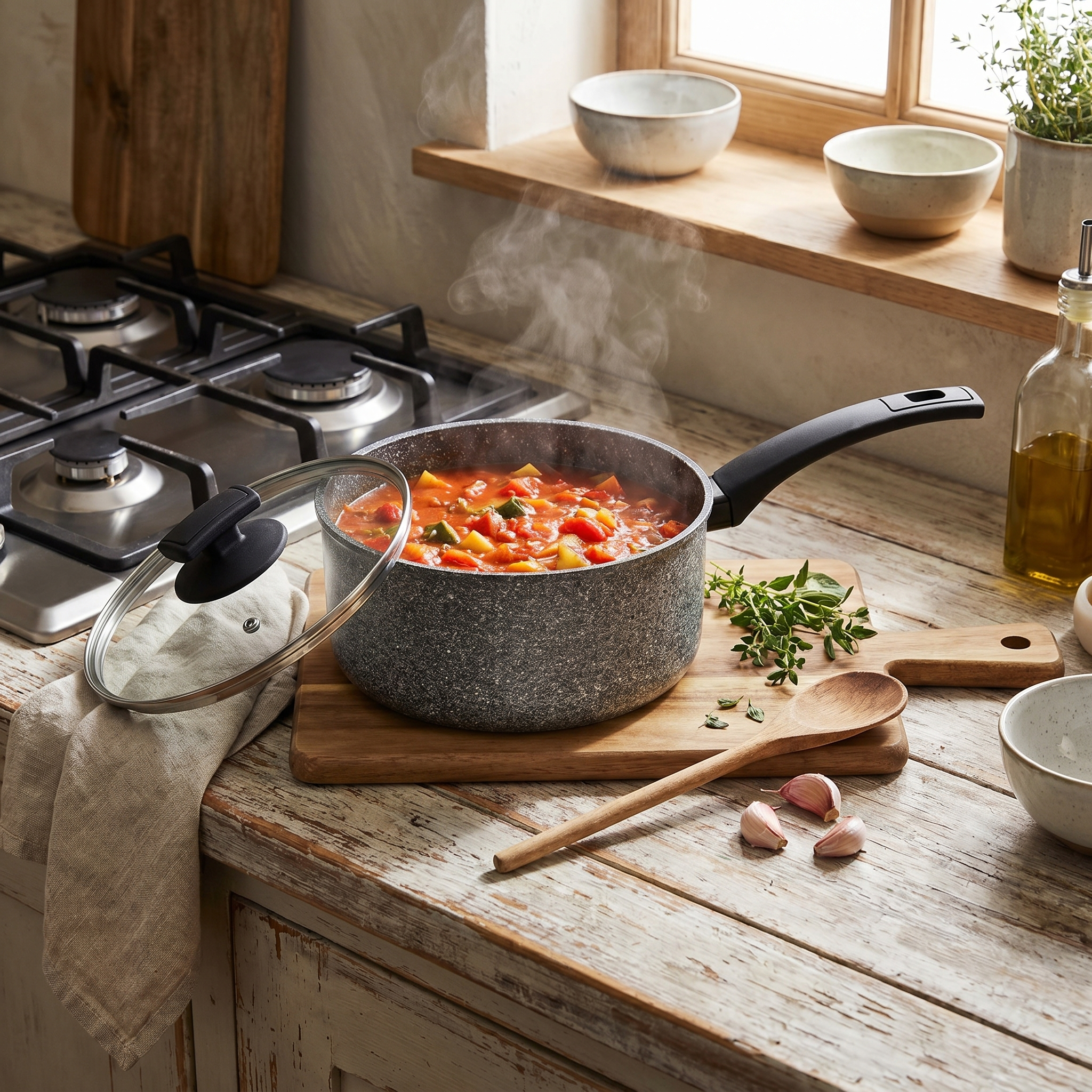 Rossetti Elementi Natura 20cm Saucepan with stone-effect interior and glass lid.