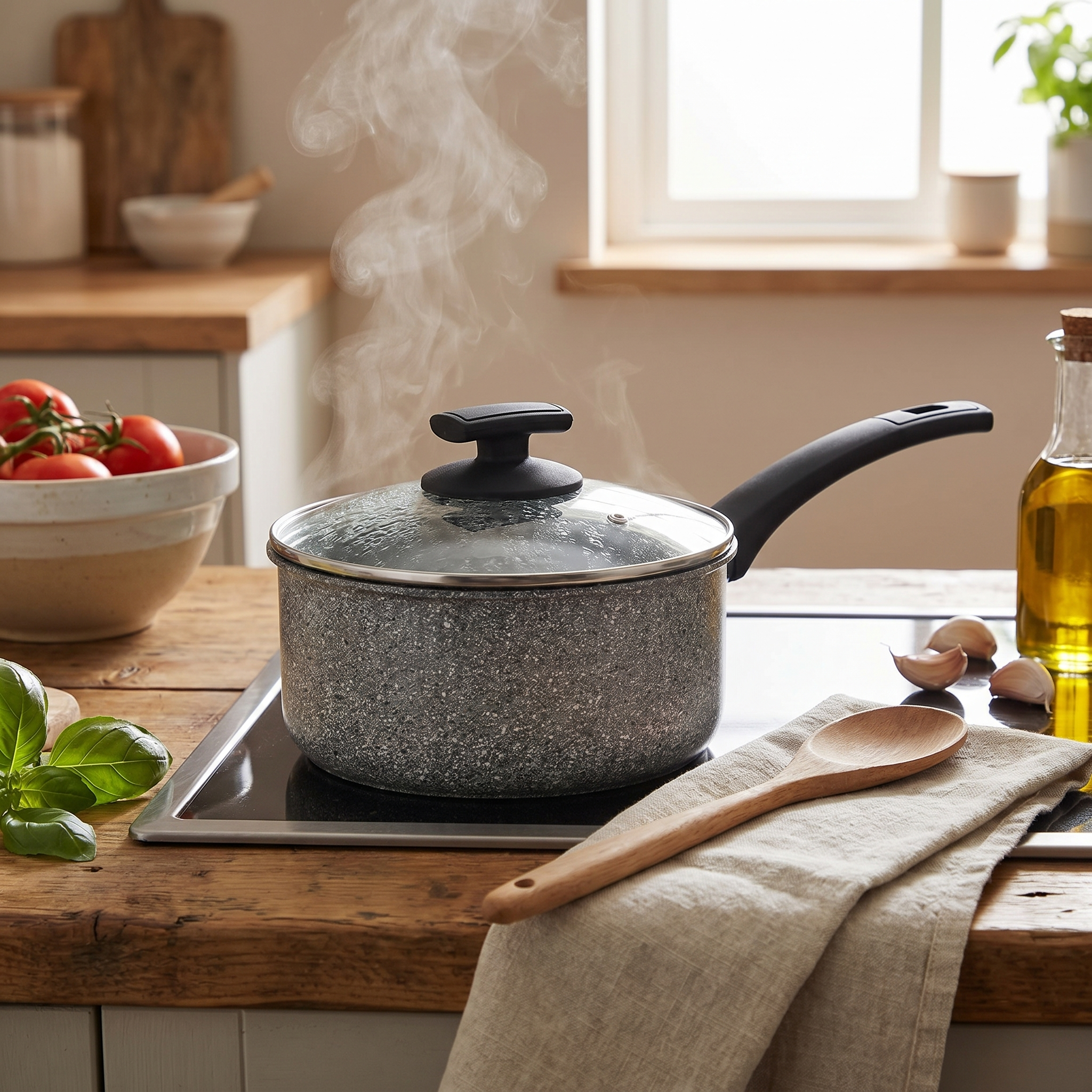 Boiling water in a Rossetti 20cm Elementi Natura saucepan with steam visible.