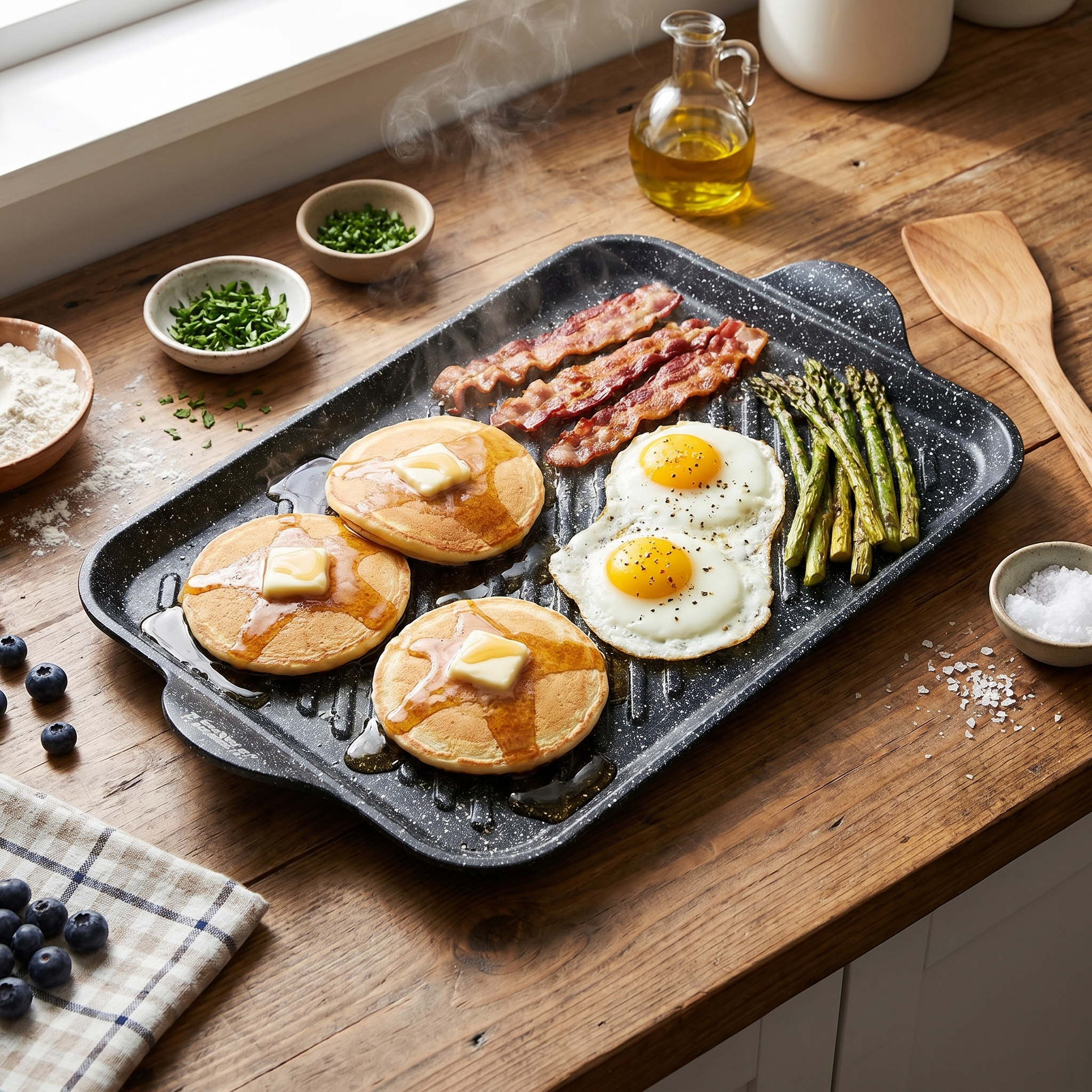 Searing steaks with professional grill marks on the Rossetti Elementi Natura griddle.