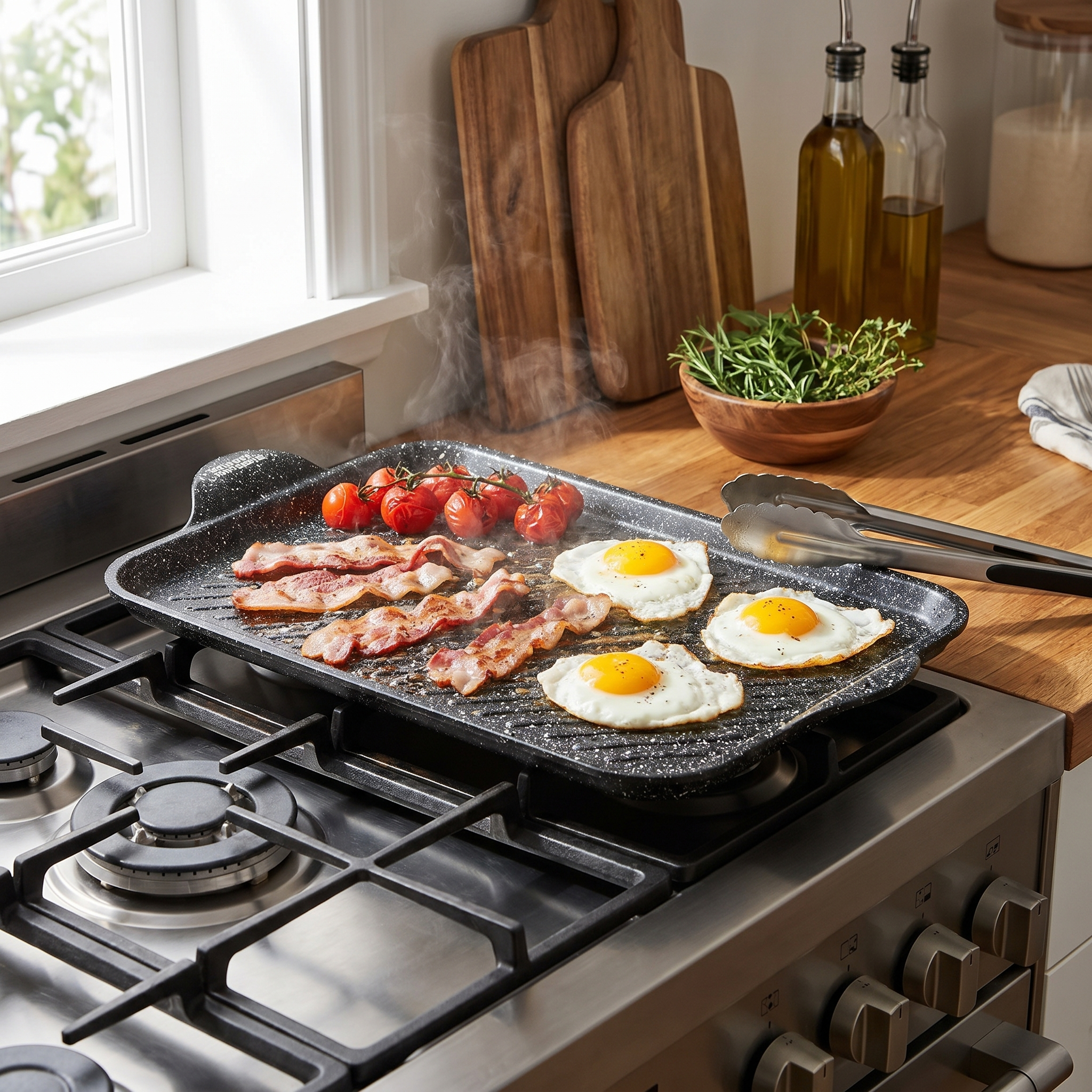 Searing steaks with professional grill marks on the Rossetti Elementi Natura griddle.