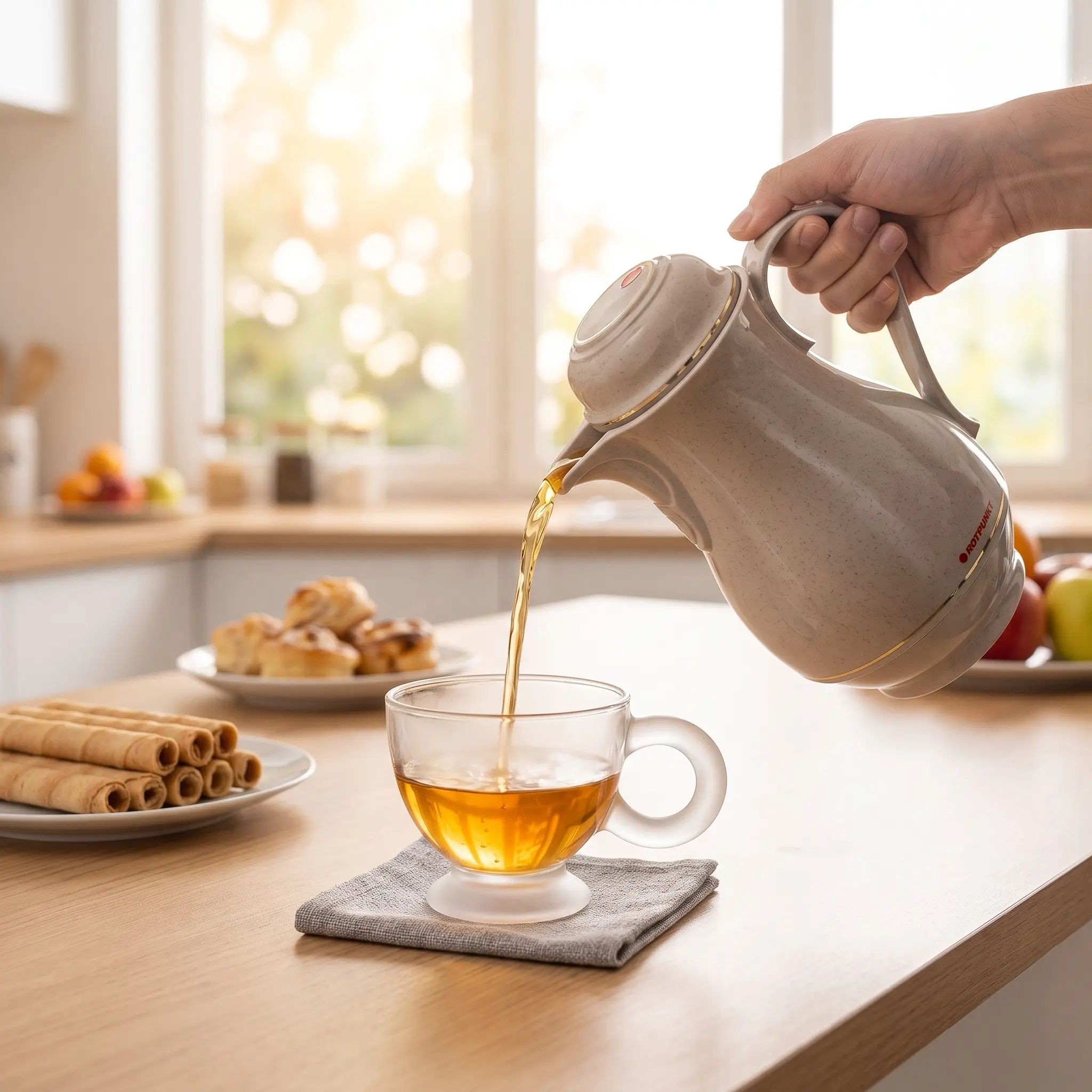 Rotpunkt Model 330 1 Liter Vacuum Handy Pot pouring coffee into a cup