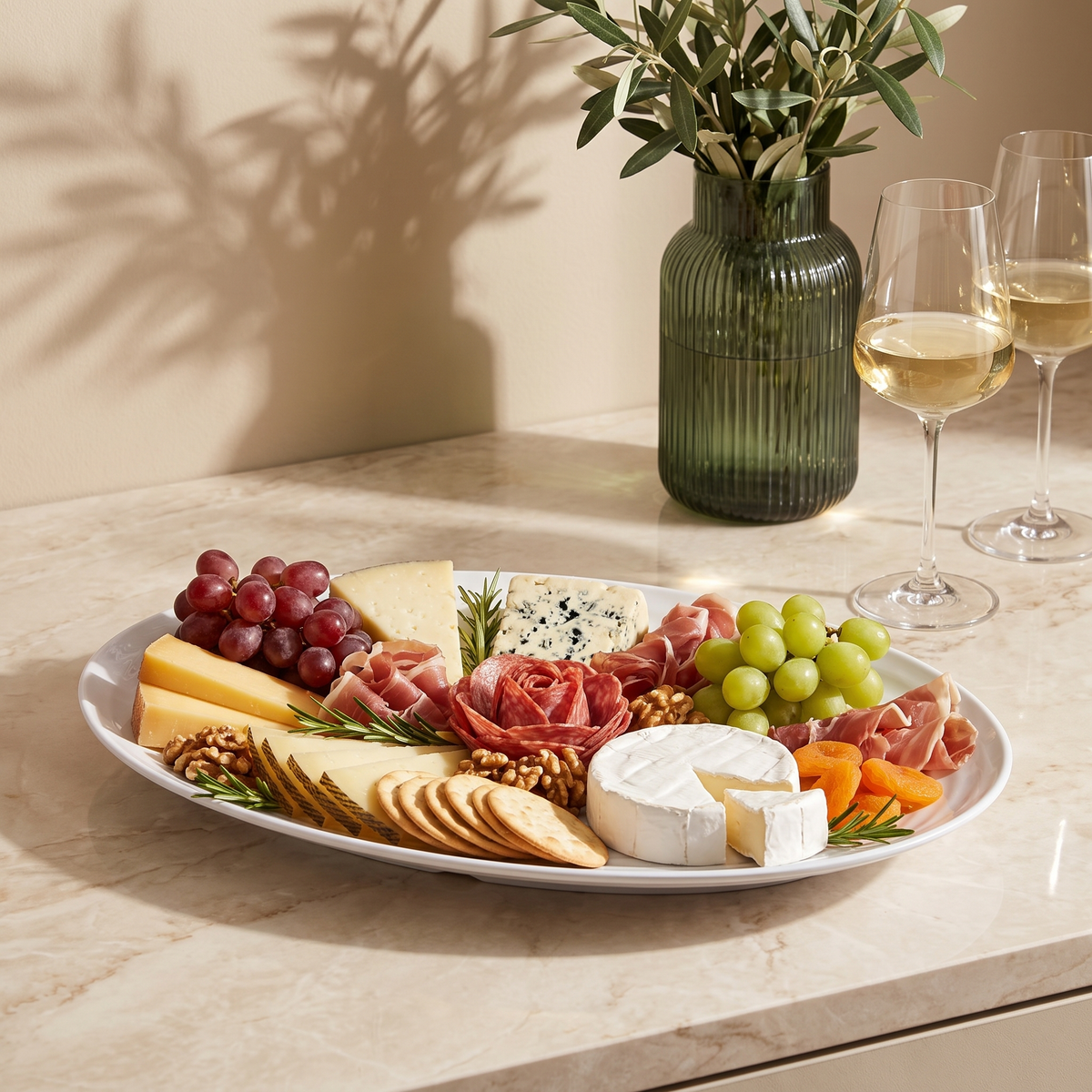 Tognana white oval melamine platter styled with appetizers on dining table