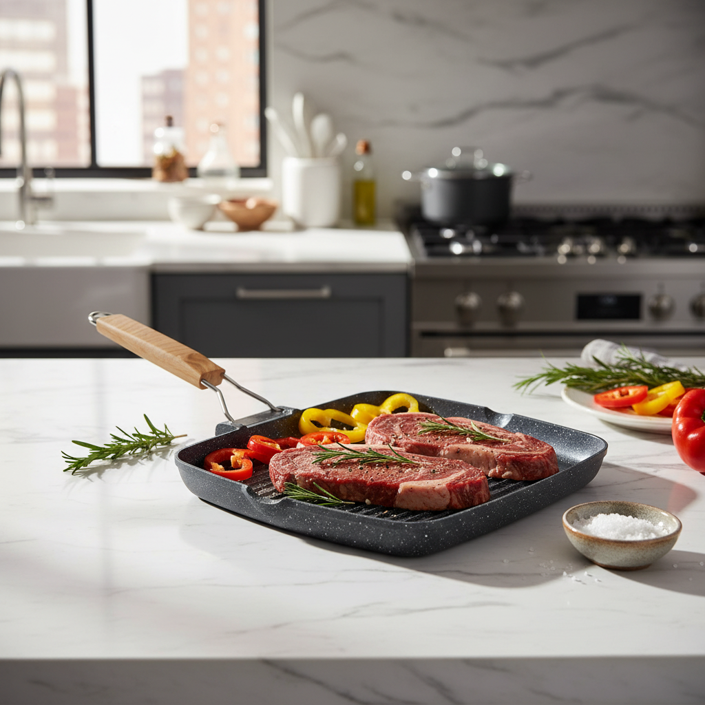 Steaks being cooked on a grill pan with vegetables on a kitchen counter.