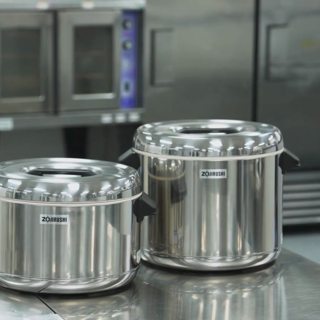 Load video: Zojirushi RDS-400/600 Thermal Rice Warmers – Non-Electric, Stackable, Stainless Steel, Keeps Rice Hot for Hours