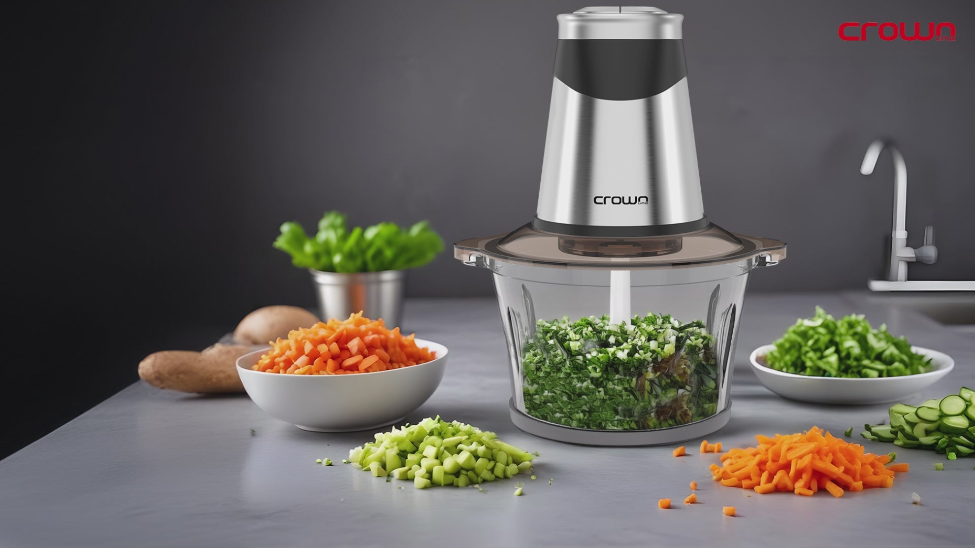 Load video: Crownline GC-275 Food Chopper/Mincer/Grinder, 2-Speed, Glass bowl: 1.8L, 4-SS Blades, 220-240V, 50-60Hz, 300-500W